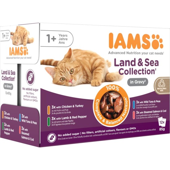 IAMS Delights Land & Sea Collection Wet Cat Food, Multipack with Meat and Fish Varieties in Sauce, Wet Food for Cats from 1 Year, 12 x 85 g IAMS Delights Land & Sea Collection Wet Cat Food, Multipack with Meat and Fish Varieties in Sauce, Wet Food for Cats from 1 Year, 12 x 85 g