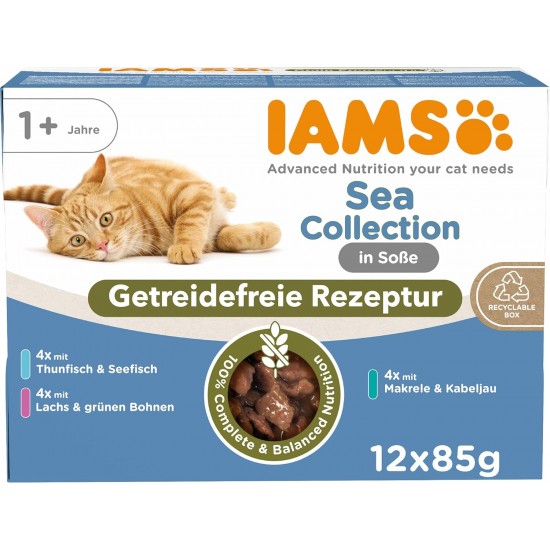 IAMS Delights Sea Collection Cat Food, Wet Grain-Free, Multipack with Fish Varieties in Sauce, Grain-Free Wet Food for Cats from 1 Year, 12 x 85 g IAMS Delights Sea Collection Cat Food, Wet Grain-Free, Multipack with Fish Varieties in Sauce, Grain-Free Wet Food for Cats from 1 Year, 12 x 85 g