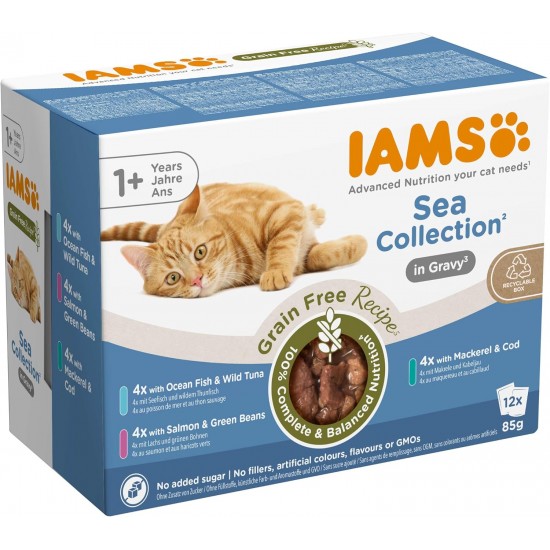 IAMS Delights Sea Collection Cat Food, Wet Grain-Free, Multipack with Fish Varieties in Sauce, Grain-Free Wet Food for Cats from 1 Year, 12 x 85 g IAMS Delights Sea Collection Cat Food, Wet Grain-Free, Multipack with Fish Varieties in Sauce, Grain-Free Wet Food for Cats from 1 Year, 12 x 85 g