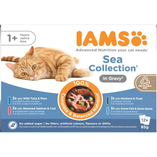 IAMS Delights Sea Collection Wet Cat Food - Multipack with Fish Varieties (Salmon, Tuna, Trout, Sea Fish) in Jelly or Sauce, Wet Food for Cats from 1 Year, 12 x 85 g IAMS Delights Sea Collection Wet Cat Food - Multipack with Fish Varieties (Salmon, Tuna, Trout, Sea Fish) in Jelly or Sauce, Wet Food for Cats from 1 Year, 12 x 85 g