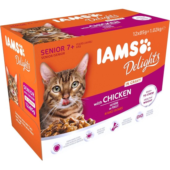 IAMS Delights Senior Wet Cat Food, Multipack with Chicken and Fish in Sauce, High-Quality Wet Food for Older Cats from 7 Years, 12 x 85 g IAMS Delights Senior Wet Cat Food, Multipack with Chicken and Fish in Sauce, High-Quality Wet Food for Older Cats from 7 Years, 12 x 85 g