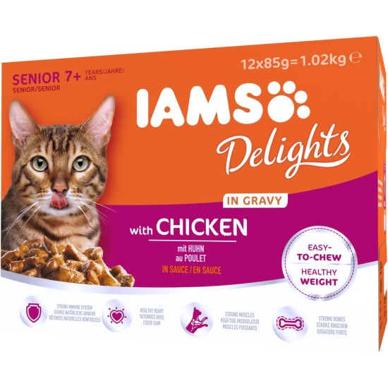 IAMS Delights Senior Wet Cat Food, Multipack with Chicken and Fish in Sauce, High-Quality Wet Food for Older Cats from 7 Years, 12 x 85 g IAMS Delights Senior Wet Cat Food, Multipack with Chicken and Fish in Sauce, High-Quality Wet Food for Older Cats from 7 Years, 12 x 85 g