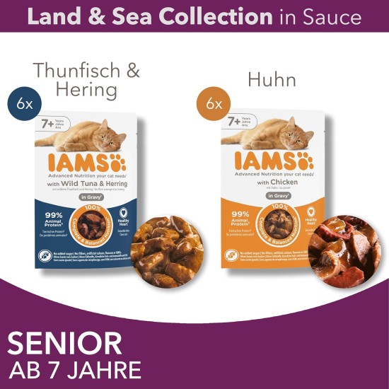 IAMS Delights Senior Wet Cat Food, Multipack with Chicken and Fish in Sauce, High-Quality Wet Food for Older Cats from 7 Years, 12 x 85 g IAMS Delights Senior Wet Cat Food, Multipack with Chicken and Fish in Sauce, High-Quality Wet Food for Older Cats from 7 Years, 12 x 85 g