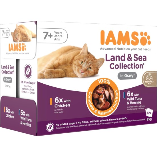 IAMS Delights Senior Wet Cat Food, Multipack with Chicken and Fish in Sauce, High-Quality Wet Food for Older Cats from 7 Years, 12 x 85 g IAMS Delights Senior Wet Cat Food, Multipack with Chicken and Fish in Sauce, High-Quality Wet Food for Older Cats from 7 Years, 12 x 85 g