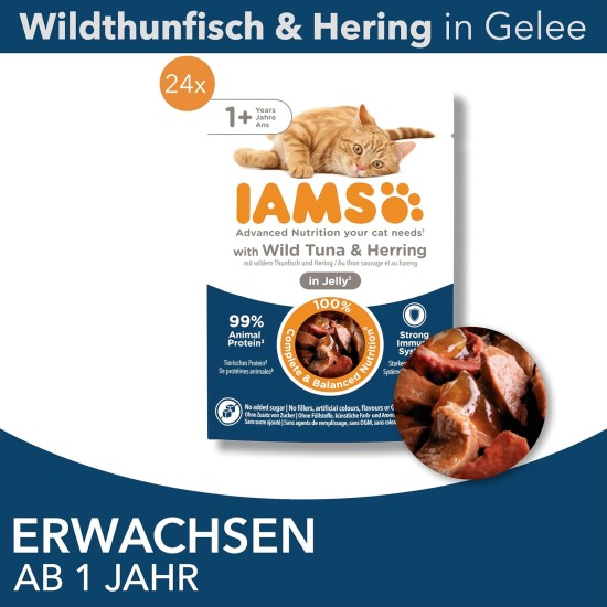 IAMS Delights Wet Cat Food with Tuna & Herring in Jelly - Multipack for Adult Cats, 24 x 85 g IAMS Delights Wet Cat Food with Tuna & Herring in Jelly - Multipack for Adult Cats, 24 x 85 g