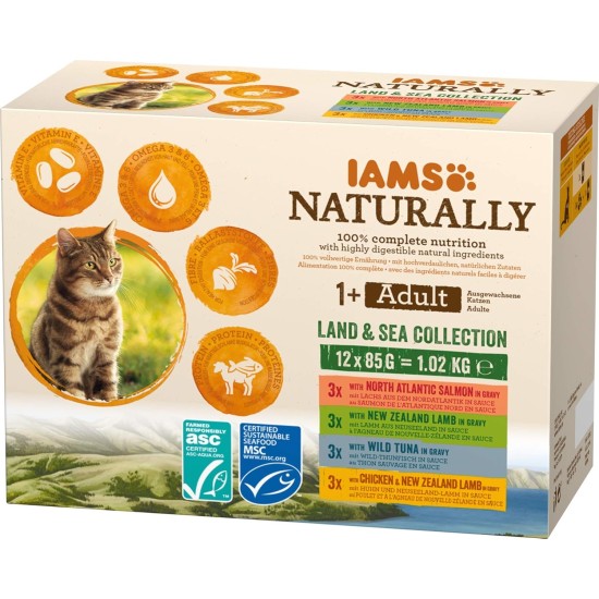 IAMS Naturally Wet Cat Food in Sauce, High-Quality Wet Food with Fish / Meat for Adult or Senior Cats, Various Sizes (4 x 85 g / 12 x 85 g) IAMS Naturally Wet Cat Food in Sauce, High-Quality Wet Food with Fish / Meat for Adult or Senior Cats, Various Sizes (4 x 85 g / 12 x 85 g)