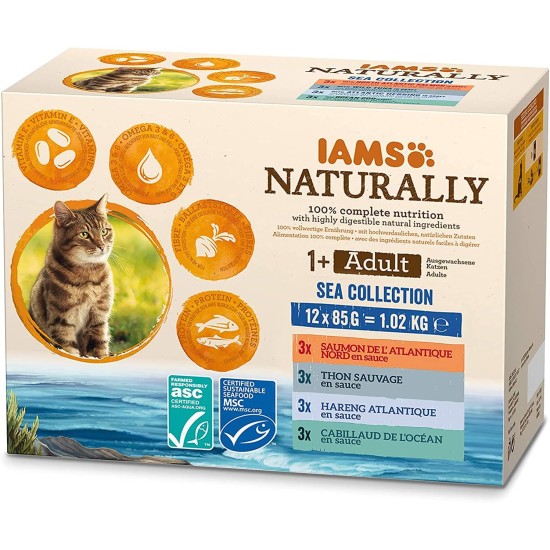 IAMS Naturally Wet Cat Food in Sauce, High-Quality Wet Food with Fish / Meat for Adult or Senior Cats, Various Sizes (4 x 85 g / 12 x 85 g) IAMS Naturally Wet Cat Food in Sauce, High-Quality Wet Food with Fish / Meat for Adult or Senior Cats, Various Sizes (4 x 85 g / 12 x 85 g)