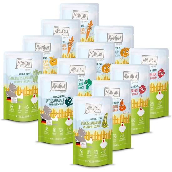 MjAMjAM - Premium Wet Food for Cats - Chicks & Friends Box, Pack of 12 (12 x 125 g), Grain-Free with Extra Meat MjAMjAM - Premium Wet Food for Cats - Chicks & Friends Box, Pack of 12 (12 x 125 g), Grain-Free with Extra Meat