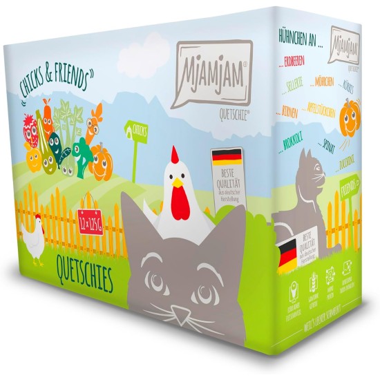 MjAMjAM - Premium Wet Food for Cats - Chicks & Friends Box, Pack of 12 (12 x 125 g), Grain-Free with Extra Meat MjAMjAM - Premium Wet Food for Cats - Chicks & Friends Box, Pack of 12 (12 x 125 g), Grain-Free with Extra Meat