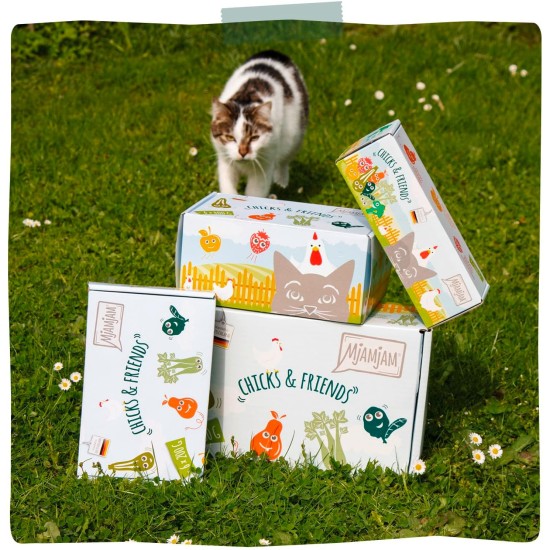 MjAMjAM - Premium Wet Food for Cats - Chicks & Friends Box, Pack of 12 (12 x 125 g), Grain-Free with Extra Meat MjAMjAM - Premium Wet Food for Cats - Chicks & Friends Box, Pack of 12 (12 x 125 g), Grain-Free with Extra Meat