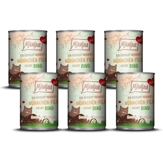 MjAMjAM - Premium Wet Food for Cats - Duet - Salmon Fillet Kisses Chicken, Pack of 6 (6 x 390 g), Grain-Free MjAMjAM - Premium Wet Food for Cats - Duet - Salmon Fillet Kisses Chicken, Pack of 6 (6 x 390 g), Grain-Free