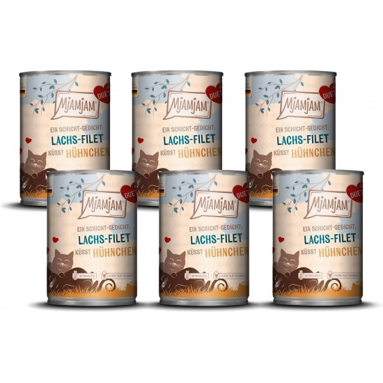 MjAMjAM - Premium Wet Food for Cats - Duet - Salmon Fillet Kisses Chicken, Pack of 6 (6 x 390 g), Grain-Free MjAMjAM - Premium Wet Food for Cats - Duet - Salmon Fillet Kisses Chicken, Pack of 6 (6 x 390 g), Grain-Free