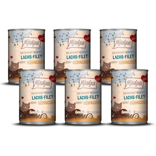 MjAMjAM - Premium Wet Food for Cats - Duet - Salmon Fillet Kisses Chicken, Pack of 6 (6 x 390 g), Grain-Free MjAMjAM - Premium Wet Food for Cats - Duet - Salmon Fillet Kisses Chicken, Pack of 6 (6 x 390 g), Grain-Free