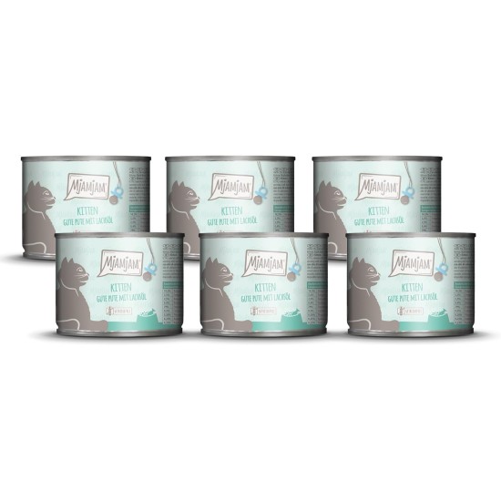 MjAMjAM - Premium Wet Food for Cats - Kitten Good Turkey with Salmon Oil, Pack of 6 (6 x 200 g), Grain-Free MjAMjAM - Premium Wet Food for Cats - Kitten Good Turkey with Salmon Oil, Pack of 6 (6 x 200 g), Grain-Free