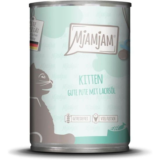 MjAMjAM - Premium Wet Food for Cats - Kitten Good Turkey with Salmon Oil, Pack of 6 (6 x 400 g), Grain-Free MjAMjAM - Premium Wet Food for Cats - Kitten Good Turkey with Salmon Oil, Pack of 6 (6 x 400 g), Grain-Free
