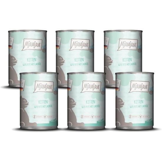MjAMjAM - Premium Wet Food for Cats - Kitten Good Turkey with Salmon Oil, Pack of 6 (6 x 400 g), Grain-Free MjAMjAM - Premium Wet Food for Cats - Kitten Good Turkey with Salmon Oil, Pack of 6 (6 x 400 g), Grain-Free