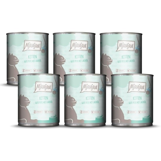 MjAMjAM - Premium Wet Food for Cats - Kitten Good Turkey with Salmon Oil, Pack of 6 (6 x 800 g), Grain-Free MjAMjAM - Premium Wet Food for Cats - Kitten Good Turkey with Salmon Oil, Pack of 6 (6 x 800 g), Grain-Free