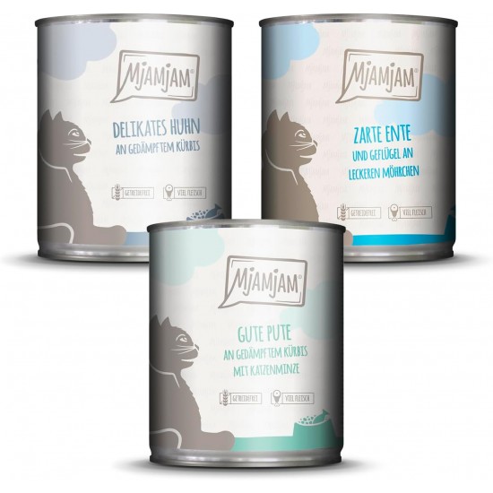 MjAMjAM - Premium Wet Food for Cats - Mix Pack II - Chicken & Pumpkin, Turkey, Duck & Poultry, Pack of 6 (6 x 800 g), Grain-Free with Extra Meat MjAMjAM - Premium Wet Food for Cats - Mix Pack II - Chicken & Pumpkin, Turkey, Duck & Poultry, Pack of 6 (6 x 800 g), Grain-Free with Extra Meat