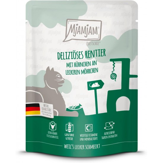 MjAMjAM - Premium Wet Food for Cats - Quetschie - Delicious Reindeer with Chicken on Delicious Carrots, Pack of 1 (1 x 300 g), Grain-Free with Extra Meat MjAMjAM - Premium Wet Food for Cats - Quetschie - Delicious Reindeer with Chicken on Delicious Carrots, Pack of 1 (1 x 300 g), Grain-Free with Extra Meat