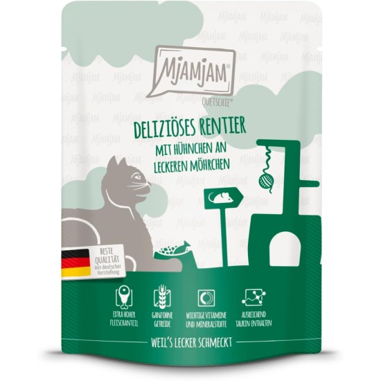 MjAMjAM - Premium Wet Food for Cats - Quetschie - Delicious Reindeer with Chicken on Delicious Carrots, Pack of 1 (1 x 300 g), Grain-Free with Extra Meat MjAMjAM - Premium Wet Food for Cats - Quetschie - Delicious Reindeer with Chicken on Delicious Carrots, Pack of 1 (1 x 300 g), Grain-Free with Extra Meat