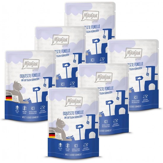 MjAMjAM - Premium Wet Food for Cats - Quetschie - Exquisite Trout on Juicy Chicken, Pack of 6 (6 x 300 g), Grain-Free MjAMjAM - Premium Wet Food for Cats - Quetschie - Exquisite Trout on Juicy Chicken, Pack of 6 (6 x 300 g), Grain-Free