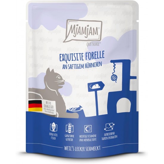 MjAMjAM - Premium Wet Food for Cats - Quetschie - Exquisite Trout on Juicy Chicken, Pack of 6 (6 x 300 g), Grain-Free MjAMjAM - Premium Wet Food for Cats - Quetschie - Exquisite Trout on Juicy Chicken, Pack of 6 (6 x 300 g), Grain-Free