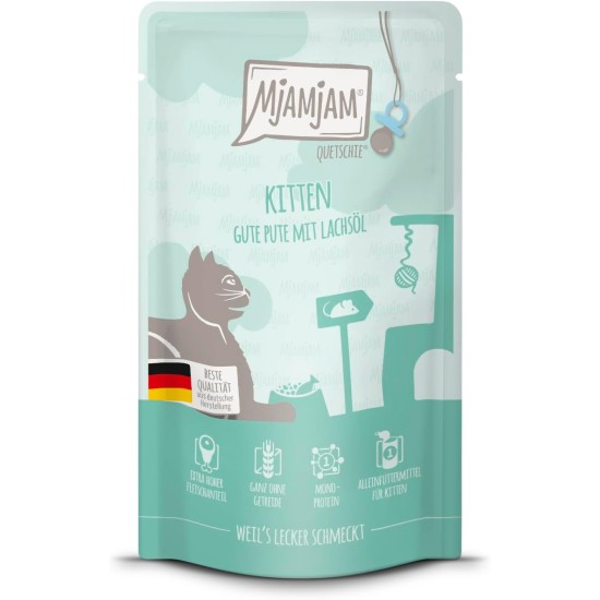 MjAMjAM - Premium Wet Food for Cats - Quetschie - Kitten Good Turkey with Salmon Oil, Pack of 12 (12 x 125 g), Grain-Free MjAMjAM - Premium Wet Food for Cats - Quetschie - Kitten Good Turkey with Salmon Oil, Pack of 12 (12 x 125 g), Grain-Free