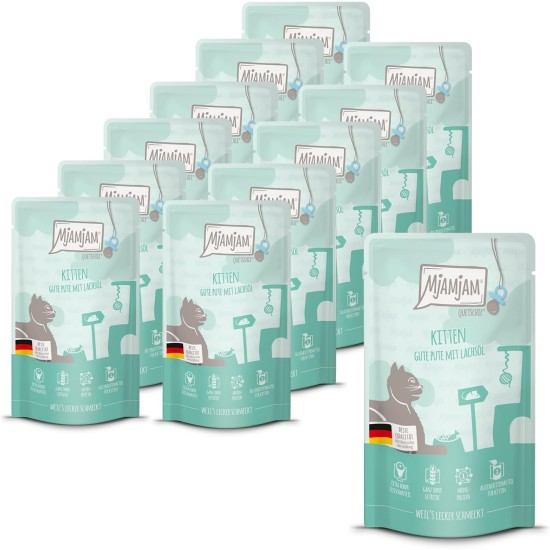 MjAMjAM - Premium Wet Food for Cats - Quetschie - Kitten Good Turkey with Salmon Oil, Pack of 12 (12 x 125 g), Grain-Free MjAMjAM - Premium Wet Food for Cats - Quetschie - Kitten Good Turkey with Salmon Oil, Pack of 12 (12 x 125 g), Grain-Free