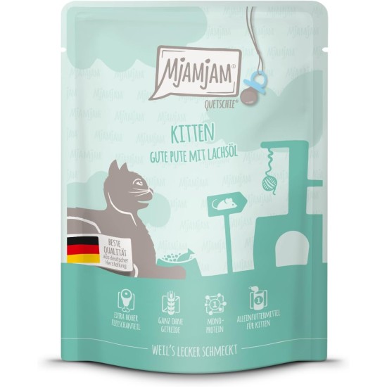 MjAMjAM - Premium Wet Food for Cats - Quetschie - Kitten Good Turkey with Salmon Oil, Pack of 6 (6 x 300 g), Grain-Free MjAMjAM - Premium Wet Food for Cats - Quetschie - Kitten Good Turkey with Salmon Oil, Pack of 6 (6 x 300 g), Grain-Free