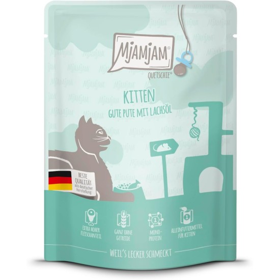 MjAMjAM - Premium Wet Food for Cats - Quetschie - Kitten Good Turkey with Salmon Oil, Pack of 6 (6 x 300 g), Grain-Free MjAMjAM - Premium Wet Food for Cats - Quetschie - Kitten Good Turkey with Salmon Oil, Pack of 6 (6 x 300 g), Grain-Free