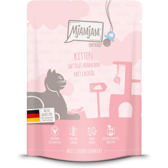 MjAMjAM - Premium Wet Food for Cats - Quetschie - Kitten Juicy Chicken with Salmon Oil, Pack of 1 (1 x 300 g), Grain-Free with Extra Meat MjAMjAM - Premium Wet Food for Cats - Quetschie - Kitten Juicy Chicken with Salmon Oil, Pack of 1 (1 x 300 g), Grain-Free with Extra Meat