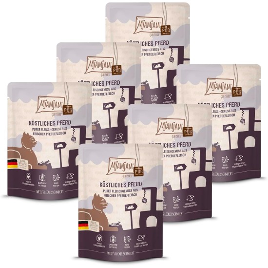 MjAMjAM - Premium Wet Food for Cats - Quetschie Kitten Excellent Veal with Salmon Oil 300 g, Pack of 6 (6 x 300 g), Natural with Extra Meat MjAMjAM - Premium Wet Food for Cats - Quetschie Kitten Excellent Veal with Salmon Oil 300 g, Pack of 6 (6 x 300 g), Natural with Extra Meat