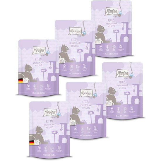 MjAMjAM - Premium Wet Food for Cats - Quetschie Kitten Excellent Veal with Salmon Oil 300 g, Pack of 6 (6 x 300 g), Natural with Extra Meat MjAMjAM - Premium Wet Food for Cats - Quetschie Kitten Excellent Veal with Salmon Oil 300 g, Pack of 6 (6 x 300 g), Natural with Extra Meat