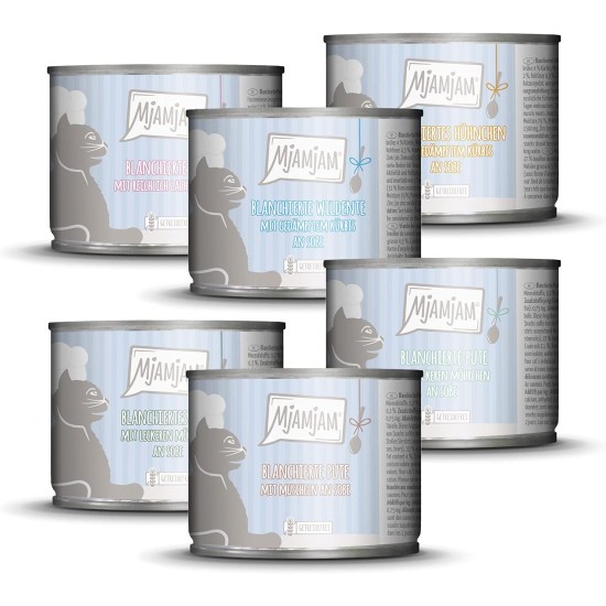 MjAMjAM - Premium Wet Food for Cats - Trial Pack I on Sauce, Pack of 6 (6 x 185 g), Grain-Free with Extra Meat MjAMjAM - Premium Wet Food for Cats - Trial Pack I on Sauce, Pack of 6 (6 x 185 g), Grain-Free with Extra Meat