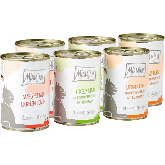 MjAMjAM - Premium wet food for cats - Mix package 1 - Chicken, beef, hearts, 6-pack (6 x 400 g), grain-free with extra meat MjAMjAM - Premium wet food for cats - Mix package 1 - Chicken, beef, hearts, 6-pack (6 x 400 g), grain-free with extra meat