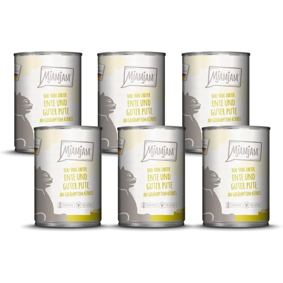 MjAMjAM Premium Wet Food for Cats, Duo, Tender Duck and Good Turkey with Steamed Pumpkin, Pack of 6 (6 x 400 g), Grain-Free with Extra Meat MjAMjAM Premium Wet Food for Cats, Duo, Tender Duck and Good Turkey with Steamed Pumpkin, Pack of 6 (6 x 400 g), Grain-Free with Extra Meat
