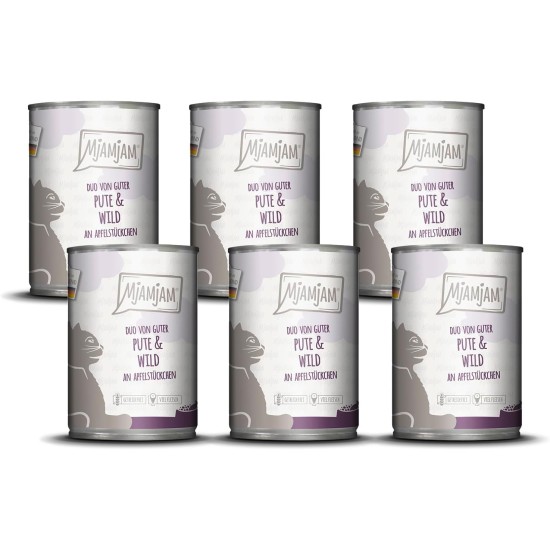 MjAMjAM Premium Wet Food for Cats, Duo, Tender Duck and Good Turkey with Steamed Pumpkin, Pack of 6 (6 x 400 g), Grain-Free with Extra Meat MjAMjAM Premium Wet Food for Cats, Duo, Tender Duck and Good Turkey with Steamed Pumpkin, Pack of 6 (6 x 400 g), Grain-Free with Extra Meat