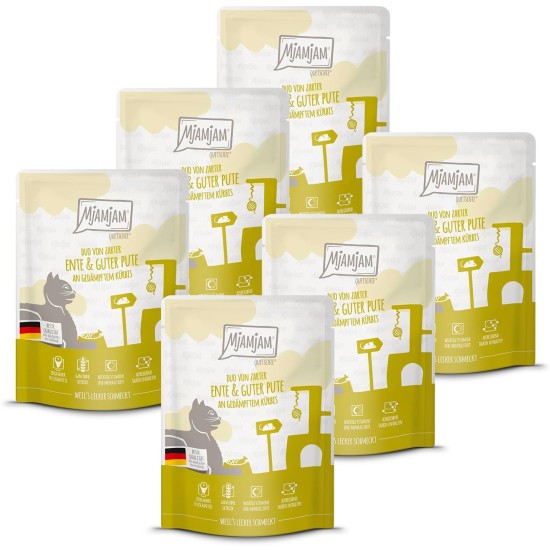 MjAMjAM Premium Wet Food for Cats, Duo, Tender Duck and Good Turkey with Steamed Pumpkin, Pack of 6 (6 x 400 g), Grain-Free with Extra Meat MjAMjAM Premium Wet Food for Cats, Duo, Tender Duck and Good Turkey with Steamed Pumpkin, Pack of 6 (6 x 400 g), Grain-Free with Extra Meat