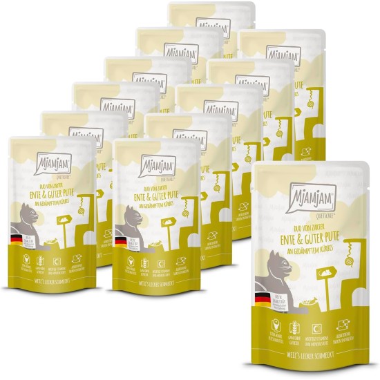 MjAMjAM Premium Wet Food for Cats, Duo, Tender Duck and Good Turkey with Steamed Pumpkin, Pack of 6 (6 x 400 g), Grain-Free with Extra Meat MjAMjAM Premium Wet Food for Cats, Duo, Tender Duck and Good Turkey with Steamed Pumpkin, Pack of 6 (6 x 400 g), Grain-Free with Extra Meat