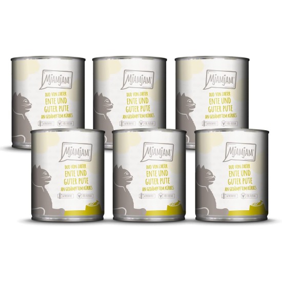 MjAMjAM Premium Wet Food for Cats, Duo, Tender Duck and Good Turkey with Steamed Pumpkin, Pack of 6 (6 x 400 g), Grain-Free with Extra Meat MjAMjAM Premium Wet Food for Cats, Duo, Tender Duck and Good Turkey with Steamed Pumpkin, Pack of 6 (6 x 400 g), Grain-Free with Extra Meat