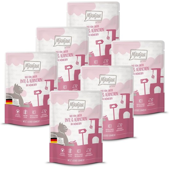 MjAMjAM Premium Wet Food for Cats, Duo, Tender Duck and Good Turkey with Steamed Pumpkin, Pack of 6 (6 x 400 g), Grain-Free with Extra Meat MjAMjAM Premium Wet Food for Cats, Duo, Tender Duck and Good Turkey with Steamed Pumpkin, Pack of 6 (6 x 400 g), Grain-Free with Extra Meat