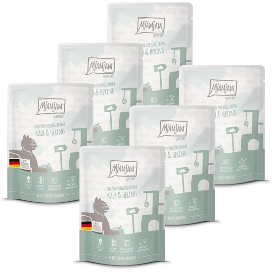 MjAMjAM Premium Wet Food for Cats, Duo, Tender Duck and Good Turkey with Steamed Pumpkin, Pack of 6 (6 x 400 g), Grain-Free with Extra Meat MjAMjAM Premium Wet Food for Cats, Duo, Tender Duck and Good Turkey with Steamed Pumpkin, Pack of 6 (6 x 400 g), Grain-Free with Extra Meat