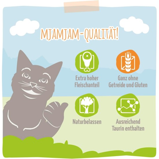 MjAMjAM Premium Wet Food for Cats, Duo, Tender Duck and Good Turkey with Steamed Pumpkin, Pack of 6 (6 x 400 g), Grain-Free with Extra Meat MjAMjAM Premium Wet Food for Cats, Duo, Tender Duck and Good Turkey with Steamed Pumpkin, Pack of 6 (6 x 400 g), Grain-Free with Extra Meat
