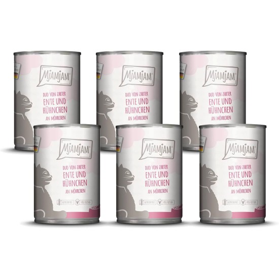 MjAMjAM Premium Wet Food for Cats, Duo, Tender Duck and Good Turkey with Steamed Pumpkin, Pack of 6 (6 x 400 g), Grain-Free with Extra Meat MjAMjAM Premium Wet Food for Cats, Duo, Tender Duck and Good Turkey with Steamed Pumpkin, Pack of 6 (6 x 400 g), Grain-Free with Extra Meat
