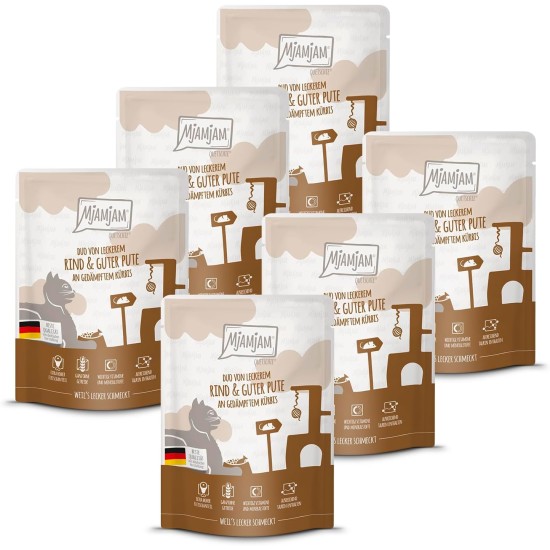 MjAMjAM Premium Wet Food for Cats, Duo, Tender Duck and Good Turkey with Steamed Pumpkin, Pack of 6 (6 x 400 g), Grain-Free with Extra Meat MjAMjAM Premium Wet Food for Cats, Duo, Tender Duck and Good Turkey with Steamed Pumpkin, Pack of 6 (6 x 400 g), Grain-Free with Extra Meat