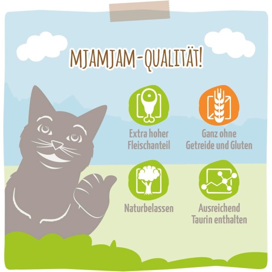 MjAMjAM Premium Wet Food for Cats, Duo, Tender Duck and Good Turkey with Steamed Pumpkin, Pack of 6 (6 x 400 g), Grain-Free with Extra Meat MjAMjAM Premium Wet Food for Cats, Duo, Tender Duck and Good Turkey with Steamed Pumpkin, Pack of 6 (6 x 400 g), Grain-Free with Extra Meat