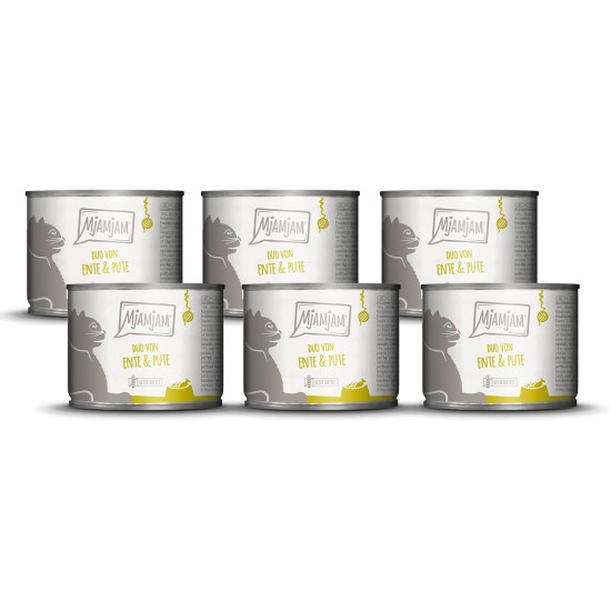 MjAMjAM Premium Wet Food for Cats, Duo, Tender Duck and Good Turkey with Steamed Pumpkin, Pack of 6 (6 x 400 g), Grain-Free with Extra Meat MjAMjAM Premium Wet Food for Cats, Duo, Tender Duck and Good Turkey with Steamed Pumpkin, Pack of 6 (6 x 400 g), Grain-Free with Extra Meat