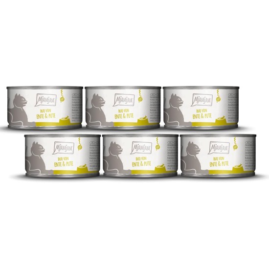 MjAMjAM Premium Wet Food for Cats, Duo, Tender Duck and Good Turkey with Steamed Pumpkin, Pack of 6 (6 x 400 g), Grain-Free with Extra Meat MjAMjAM Premium Wet Food for Cats, Duo, Tender Duck and Good Turkey with Steamed Pumpkin, Pack of 6 (6 x 400 g), Grain-Free with Extra Meat