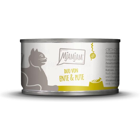 MjAMjAM Premium Wet Food for Cats, Duo, Tender Duck and Good Turkey with Steamed Pumpkin, Pack of 6 (6 x 400 g), Grain-Free with Extra Meat MjAMjAM Premium Wet Food for Cats, Duo, Tender Duck and Good Turkey with Steamed Pumpkin, Pack of 6 (6 x 400 g), Grain-Free with Extra Meat