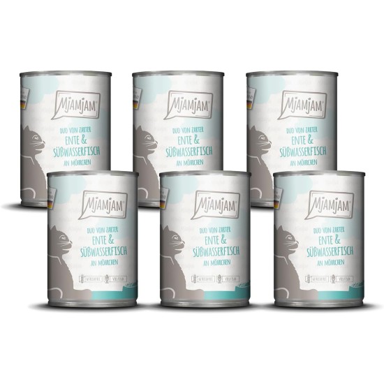 MjAMjAM Premium Wet Food for Cats, Duo, Tender Duck and Good Turkey with Steamed Pumpkin, Pack of 6 (6 x 400 g), Grain-Free with Extra Meat MjAMjAM Premium Wet Food for Cats, Duo, Tender Duck and Good Turkey with Steamed Pumpkin, Pack of 6 (6 x 400 g), Grain-Free with Extra Meat